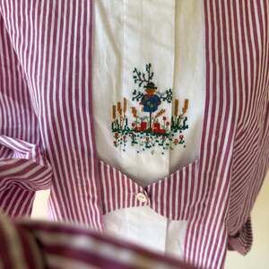 Vintage Traditional Gössst Salzburg Striped Cotton Trachten Blouse with Embroide